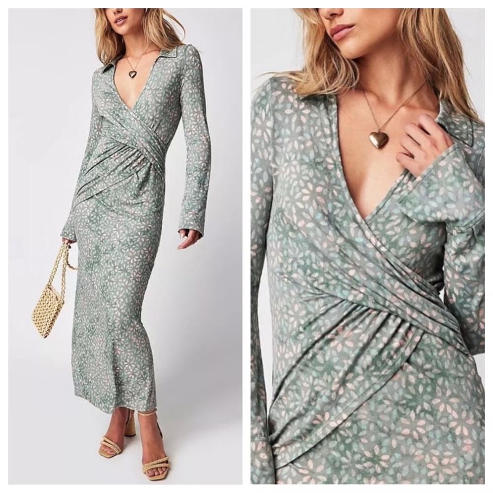 Free People Shayla Wrap Midi Dress Mint Combo XS Floral Boho Cottagecore Prairie